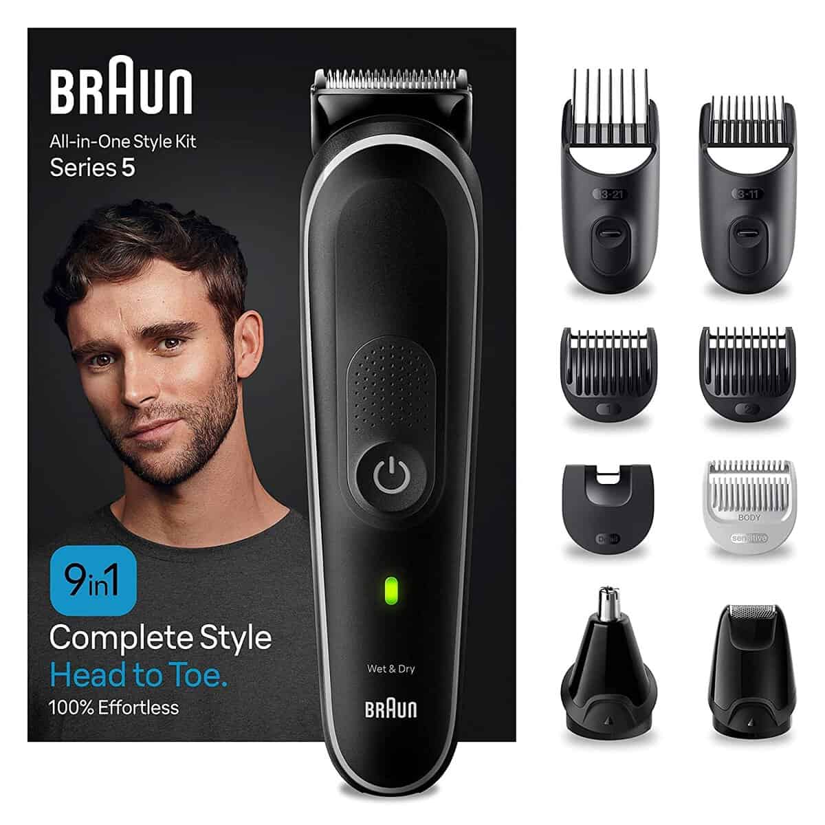 Braun All-In-One Bartpflege Bodygroomer Set, Barttrimmer, Trimmer/Haarschneider Herren, Haarschneidemaschine, wasserdicht, wiederaufladbar, 100 Min. kabellose Laufzeit, Geschenk Mann, MGK5410