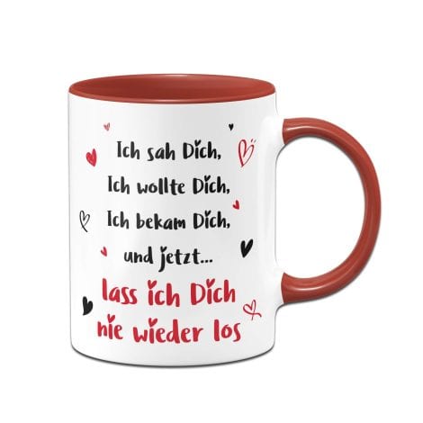 Rote Liebestasse mit Spruch “Ich habe dich gesehen, wollte dich – Ich liebe dich” als Geschenk für Partner.