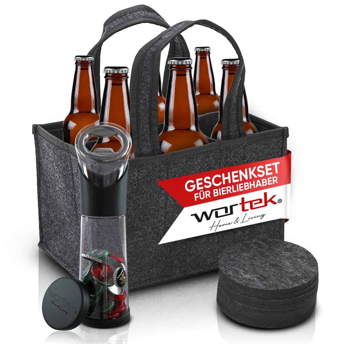 wortek Geschenkset Männer Geschenke Geburtstag - Männerhandtasche Bier Flaschenöffner mit Auffangbehälter Untersetzer Gläser - Gadgets für Männer Bier Geschenke für Männer Geschenkkorb für Männer