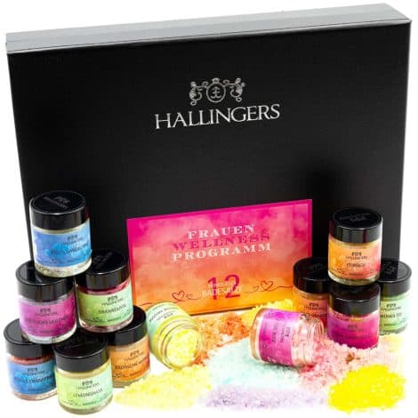 Hallingers 12er Badesalz-Geschenk-Set, mit Totes Meer-Salzen (420g) – Frauen-Wellness-Programm (Set) – Weihnachten 2023 verschenken.