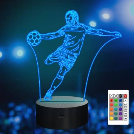 3D Fußballspieler Lampe mit 16-Farbwechsel, Fernbedienung und Sportmotiv – perfektes Geschenk für junge Sportfans.