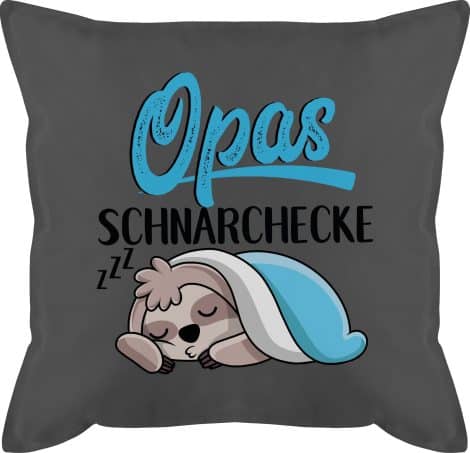 Kuschelkissen 50×50 cm in Grau mit Aufschrift “Opas Schnarchecke Faultier” als Geschenk für Großvater.