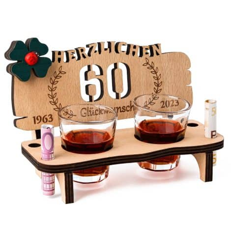 HOLDFLEAF Holzbank mit 2 Schnapsgläsern  Perfektes Geschenk für den 60. Hochzeitstag oder Geburtstag!