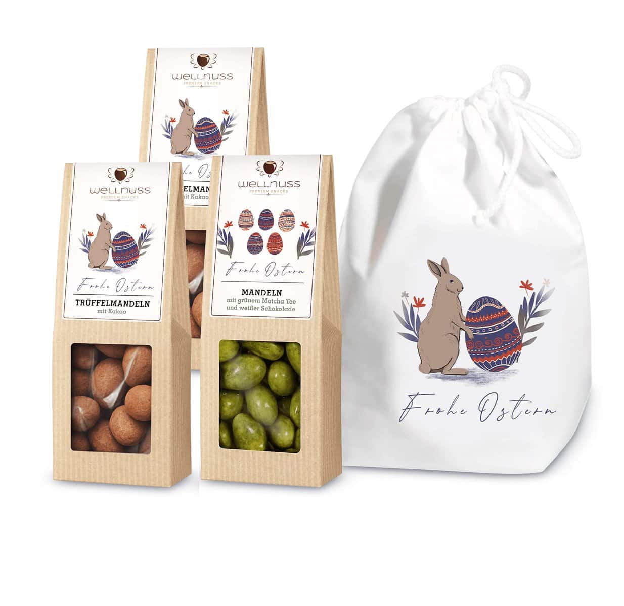 WELLNUSS,Osterglück - Premium Oster-Geschenk für Männer & Frauen I In,Frohe Ostern Baumwollsäckchen I 3 Nuss- & Schokoladen-Snacks für Ostern I Feinkost Geschenkidee für Eltern, Partner, Freunde