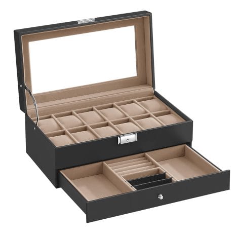 SONGMICS Uhrenbox mit 2 Ebenen, 12 Fächern und 1 Schublade, Glasdeckel, für Ringe und Armbänder, beige Samtfutter, schwarzer Pu-Bezug.