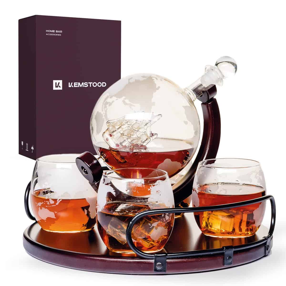 Whisky Karaffe Globus für Alkohol - Whiskey Decanter Bar Set mit Gläser Holzständer und Weltkarte - Geschenke für Männer und Frauen - Glas Flasche Zubehör für Gin, Rum, Scotch, Likör, Bourbon, Wodka