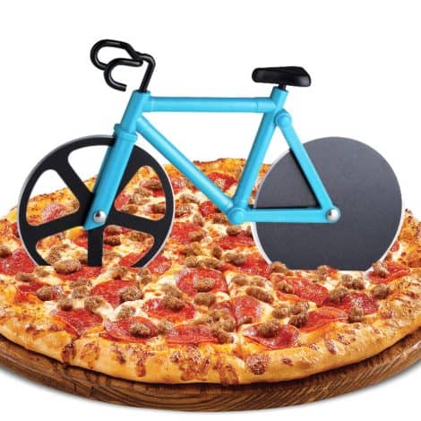 ZAWTR Fahrrad Pizzaschneider, blauer Edelstahl Pizzaroller mit Antihaftbeschichtung und Ständer, lustiges Weihnachtsgeschenk.