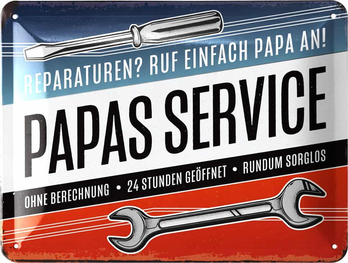 LANOLU Retro Blechschild PAPAS SERVICE - Schild Werkstatt Papa - Geburtstagsgeschenk oder Vatertagsgeschenk Schild für Vater, lustige retro Deko mit Spruch 15x20cm