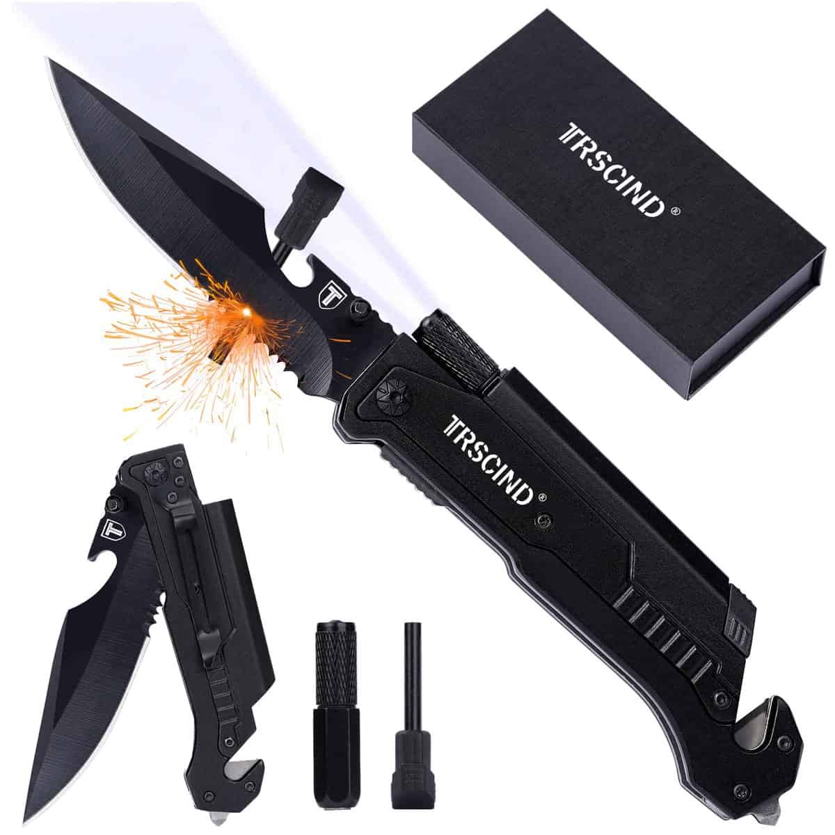 Outdoor Messer Klappmesser Geschenke für Männer Weihnachten, Kleine Weihnachtsgeschenke Männergeschenk für Papa Partner Freund, Multitool Taschenmesser Survival Messer mit Feuerstahl Mini-Leuchten