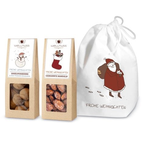 WELLNUSS Winterzauber – Exklusives Weihnachtsgeschenk für Männer & Frauen I 2 köstliche Nuss- und Schokoladensnacks in Baumwollsäckchen für Weihnachten I Delikate Geschenkidee für Eltern, Partner, Freunde.