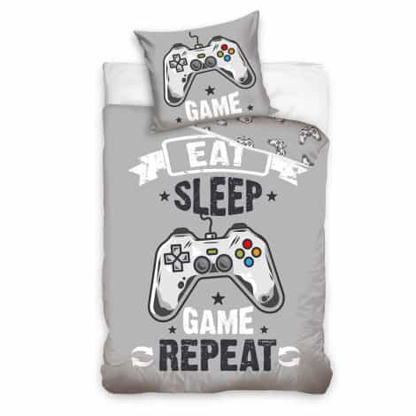 termana Gaming Bettwäsche-Set für junge Gamer in Grau, Kissenbezug 80×80 + Bettbezug 135×200, Gamer-Bettwäsche Eat Game Sleep Repeat