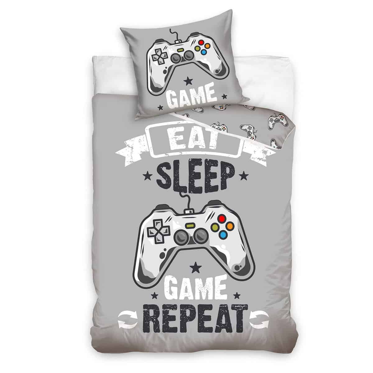 termana Gaming Bettwäsche-Set Kinderbettwäsche Teenagerbettwäsche Jungen in grau, Kissenbezug 80x80 + Bettbezug 135x200, Gamer-Bettwäsche Eat Game Sleep Repeat