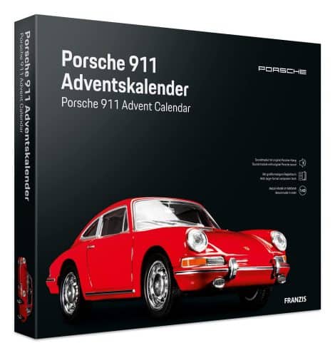 FRANZIS 55199 – Roter Porsche 911 Adventskalender, Metall Modellbausatz 1:43, mit Sound und 52-seitigem Buch.