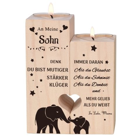 Holzkerzenhalter in Herzform, personalisierte Kerze für Sohn – Geschenk der Mama.