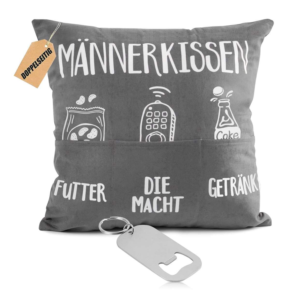 BETESSIN Männerkissen Kissenbezug 45 x 45 cm in Grau - Lustige Kissenhülle mit Taschen zum Befüllen - Originelles Geschenk für Männer zu Geburtstag, Vatertag, Weihnachten usw.