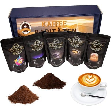 Hochwertiges Kaffee-Set mit 5 exklusiven Sorten inklusive Kopi Luwak (Katzenkaffee), gemahlen und frisch geröstet.