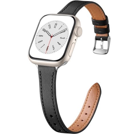 Schmales Lederarmband von CeMiKa für Apple Watch SE/iWatch Series 9 8 7 6 5 4 3 2 1, Schwarz/Silber.