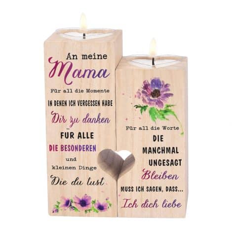 Kerzenhalter-Geschenk von CREEK BROOK: Für Muttertag, Mama-Geburtstag; Holz; Mama von Tochter/Sohn.