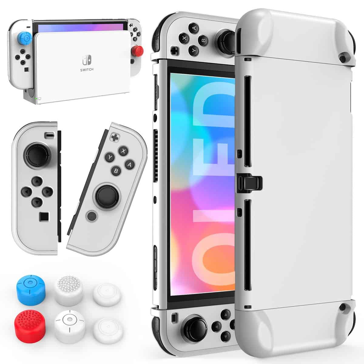 HSTOP Switch OLED Hülle Kompatibel mit Nintendo Switch OLED Model, Dockable Switch OLED Schutzhülle Case Kompatibel mit Nintendo Switch OLED Zubehör, Schutzhülle Kit mit Daumenkappes und Griff Case