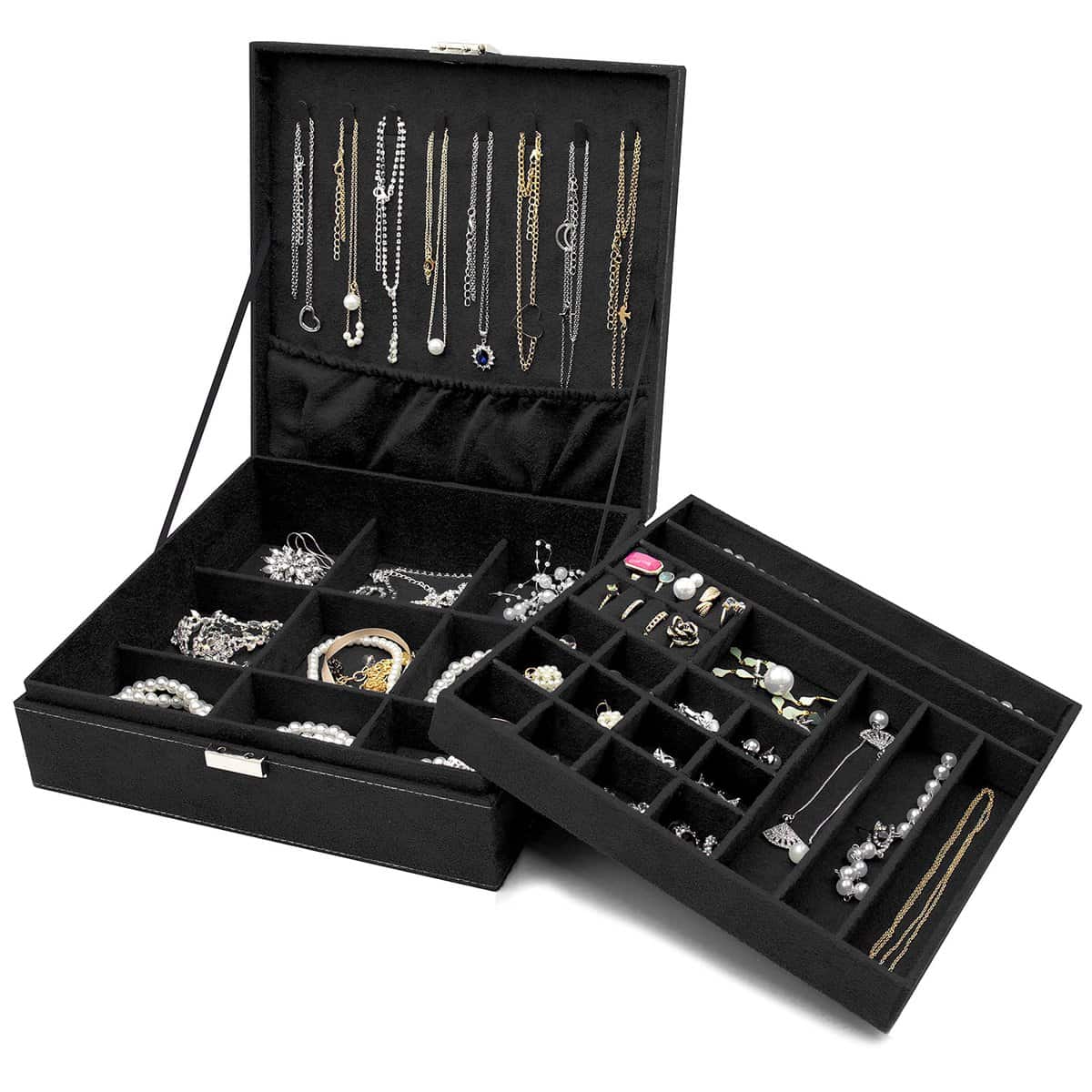 ProCase Schmuck Kästchen Organizer für Frauen, Zwei Schicht Schmuck Display Aufbewahrung Koffer mit 8 Halsketten Bügeln und herausnehmbarem Trennsteg für Ohrringe Armbänder Ringe -Schwarz