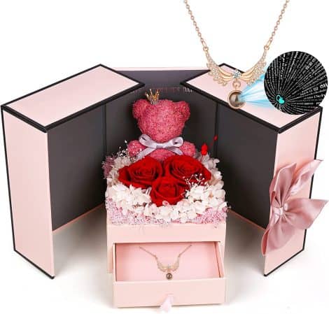 Schatzrosen Geschenkset: Haltbare Rose mit 925er Silberkette “Ich liebe dich” in 100 Sprachen, perfekt für Jubiläen, Valentinstag und vieles mehr. Für dich, Frau, Freundin.