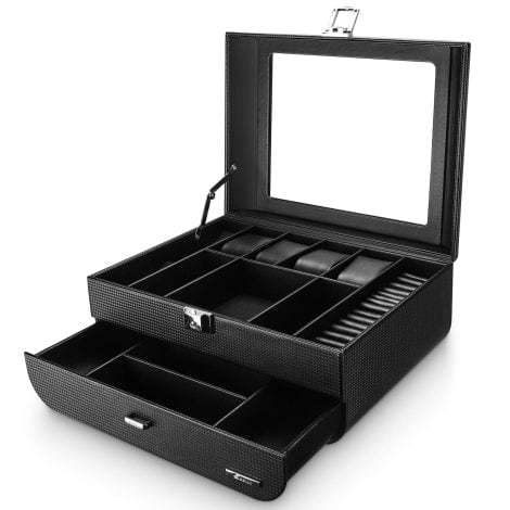 Seelux Herren Uhrenbox, abschließbar, mit Glasdeckel für Schmuck, Ringe, Broschen, Brille. Perfektes Geschenk, schwarz.