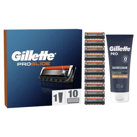 Gillette ProGlide Set: 10 Ersatzklingen + Gillette PRO Sensitive Rasierschaum (175 ml) – Perfektes Männergeschenk für die Nassrasur.