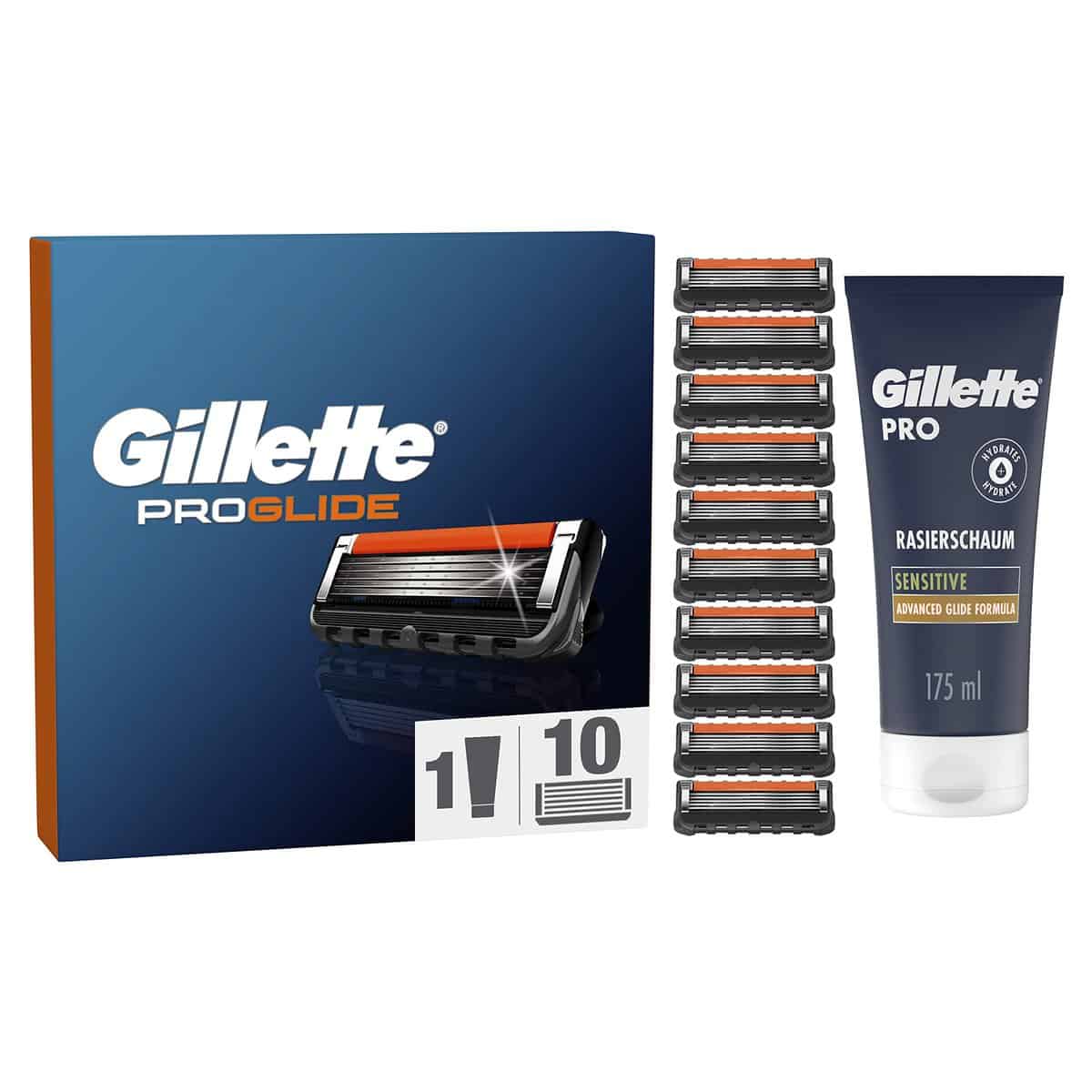 Gillette ProGlide Rasierklingen und Bartpflege Set, 10 Ersatzklingen für Nassrasierer Herren + Gillette PRO Sensitive Rasierschaum 175 ml, Geschenk für Männer