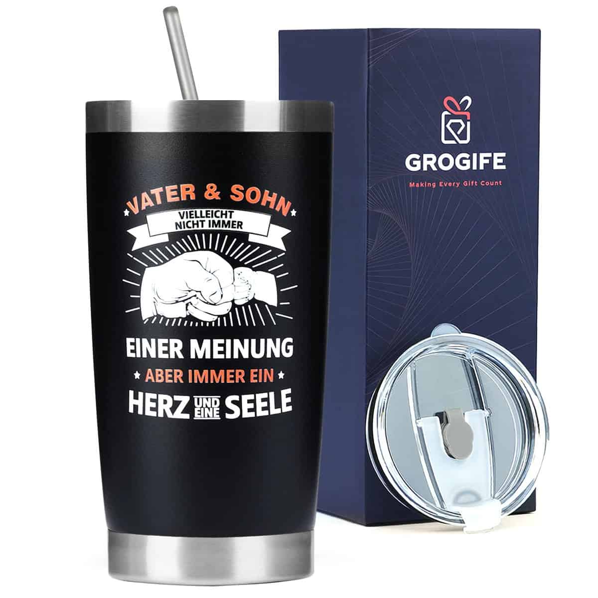 Grogife Geschenke für Papa von Vater Weihnachten - Vater & Sohn Thermobecher, Lustige Weihnachtsgeschenke Geburtstagsgeschenk Geschenkideen für Papa Bonuspapa Papi, Kaffeebecher Becher to go 600ml