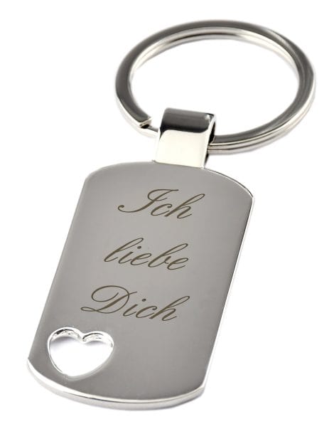 Geschenke-Fabrik: Schlüsselanhänger “Ich liebe Dich” mit Herzgravur – Chrom – Valentins-, Geburts- oder Weihnachtsgeschenk.