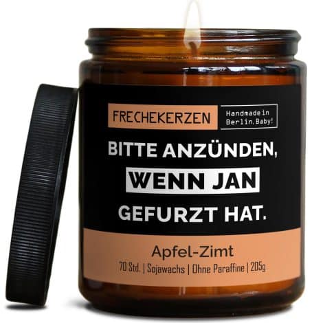 Witzige Kerze mit Spruch, handgemacht aus Sojawachs, personalisiertes Geschenk in Geschenkbox, ideal zu Weihnachten oder Geburtstag. Duft: Apfel-Zimt.