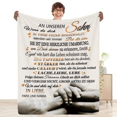 Sohns schmuseweiche Geschenkdecke mit personalisierter liebevoller Motivation, zum Geburtstag oder Weihnachten.