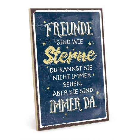 TypSachen Vintage-Holzschild: “FREUNDE SIND WIE STERNE” (blau-gelb) – Geschenk zur Freundschaft – HS-00407