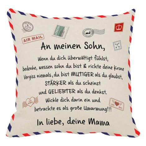 Maßgeschneiderte Kissenhülle mit individuellem Text, einzigartige Geschenkidee für Hochzeit, Geburtstag und Jubiläum. (Für Mama’s Sohn)