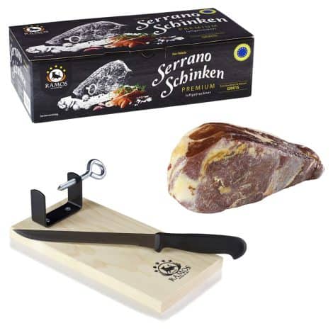 RAMOS Premium Serrano-Schinken, 1kg im Geschenkkarton, inklusive Schinkenbrett und -messer gratis, Oro reserva aus Toledo.