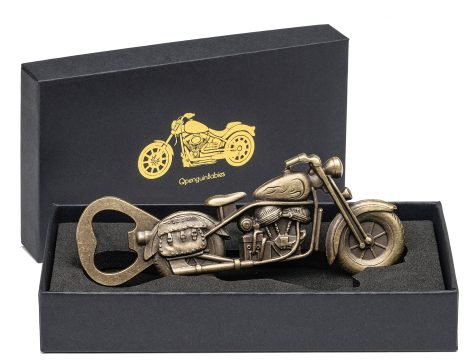 Geschenkset mit Vintage Motorrad Flaschenöffner für Männer, ideal zum Vatertag oder Geburtstag.