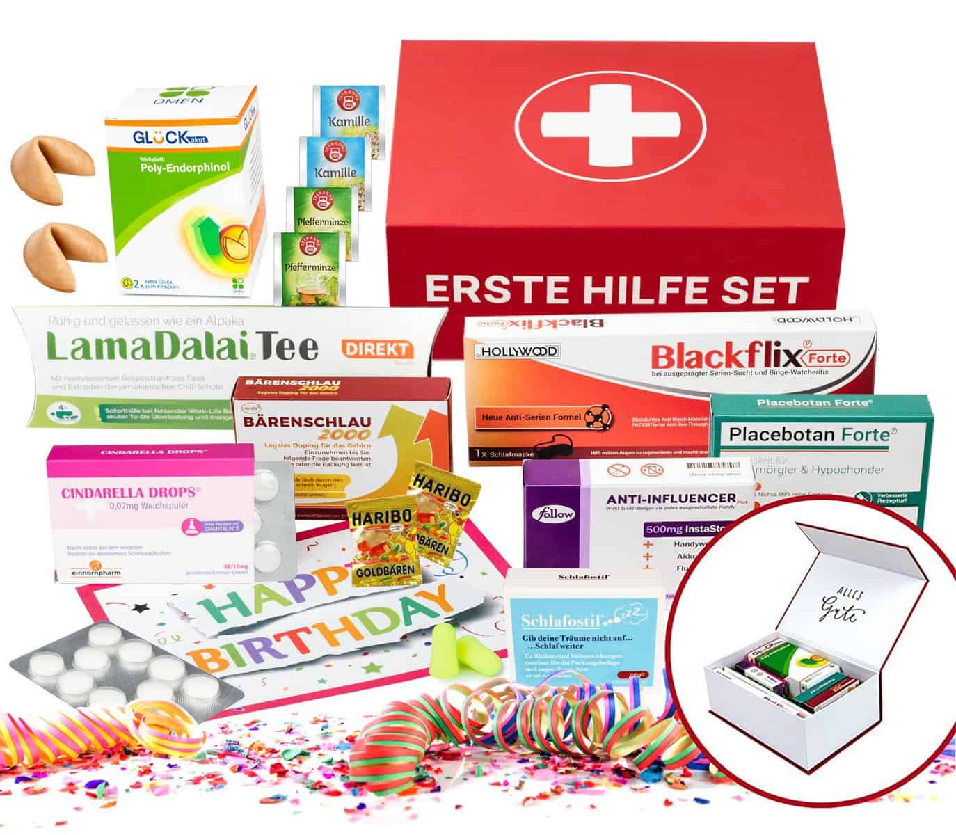 Lustige Erste Hilfe Set Geschenkbox mit vielfältigem Inhalt | 10-teilig | Realistische Medikamentenpackungen + Geburtstagskarte in edler Magnetbox | Witziges Geburtstagsgeschenk für Männer und Frauen