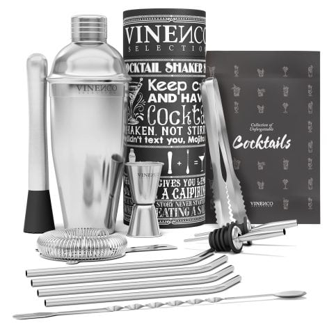 Cocktail Shaker Set + Rezeptbuch: Hochwertiges Edelstahl Cocktailset mit Messbecher, Strohhalmen, Barlöffel und Stößel | Profi Barset als Geschenk für Frauen und Männer.