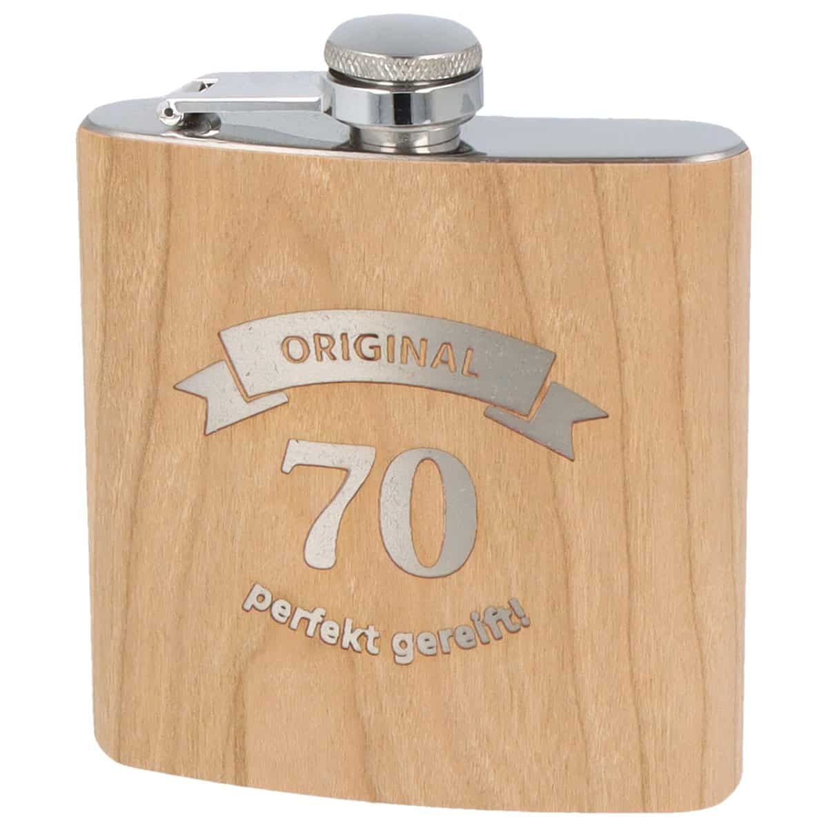 Spruchreif · Flachmann aus Edelstahl mit Gravur und hochwertiger Echtholz Veredelung · perfekte Geschenkidee zum 70. Geburtstag (Original 70 - perfekt gereift)