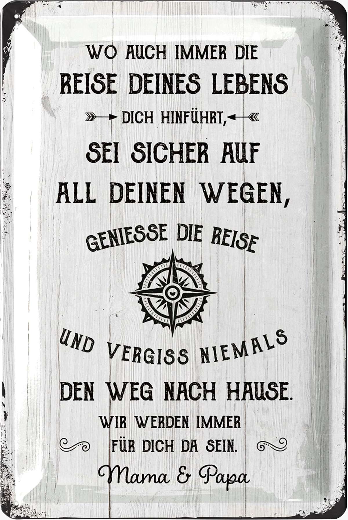 LANOLU Retro Blechschild Genieße die Reise deines Lebens - Emotionales Geschenk Tochter oder Sohn von Mama und Papa - Erste Wohnung Geschenk Auszug - vintage Metallschild mit Spruch 20x30cm