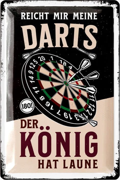 LANOLU Retro Blechschild für Dartfans und Partykeller – Irish Pub Deko – witziges Geschenk für Männer – Darts: DER KÖNIG IST GUT GELAUNT – vintage Metallschild 20x30cm.