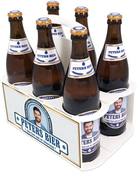 Personalisierte Biertragetasche + Etiketten mit Foto & Text | Set für sechs Flaschen + Aufkleber personalisiert mit Foto & Text (Blau)