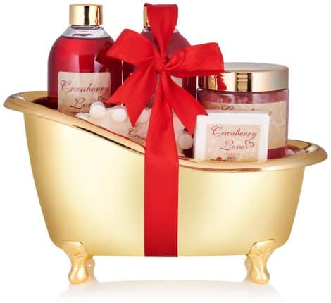 BRUBAKER Kosmetik Bade- und Duschset Cranberry Love – 6-teiliges Geschenkset in goldener Deko-Wanne.