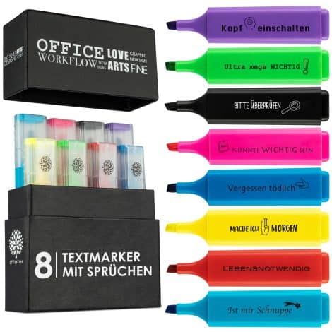 OfficeTree 8 fröhliches Textmarker-Set in Box – lustige Zitate – Textmarker mit spritzigen Sprüchen als lustige Büroartikel für Schüler, Lehrer, Kollegen.