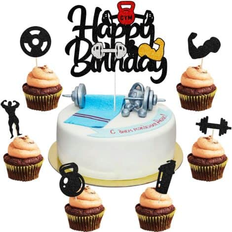 25 Powerlifter Kuchendekorationen für Fitness-Party mit glitzernden Hanteln und Muskel-Cupcake-Topper.