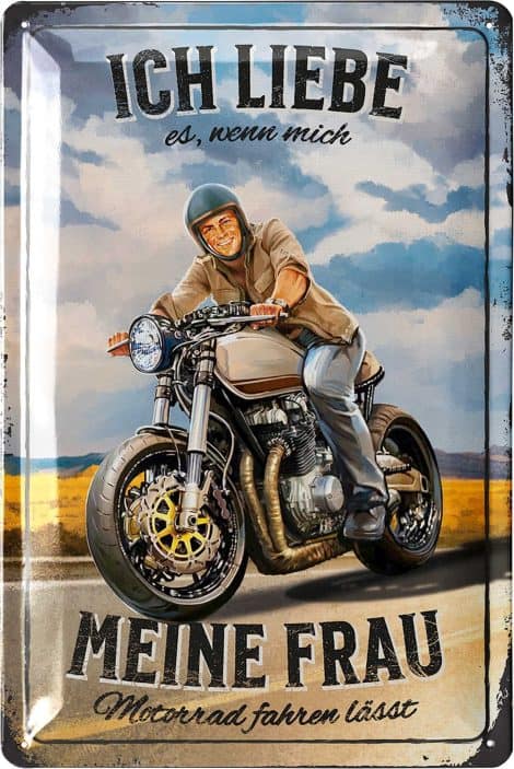 LANOLU Blechschild “Meine Frau ist mein Motorrad” – lustiges Retro-Metallschild für Werkstatt und Garage, ideales Geschenk für Biker.