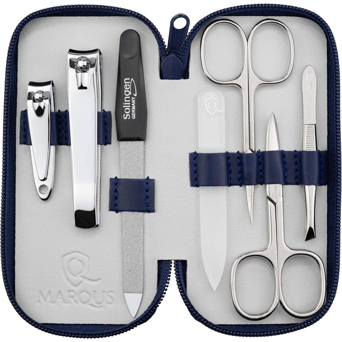 marQus Maniküre Set Damen und Herren Solingen Made in Germany 7 Teile mit patenierter Glasfeile für Hand- und Fußpflege - Echt Leder Etui handlich und weich