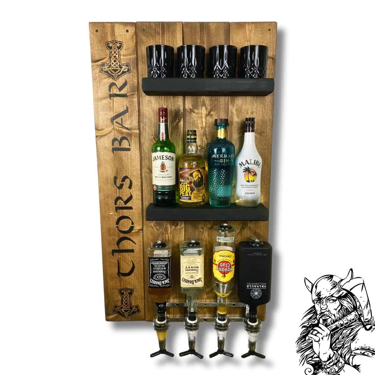 Wikinger Wandbar - Holz rustikal mit Getränkspender & Flaschenhalter - Fächer für Flaschen, Bier, Met, Hörner etc. - Geschenk für Männer - Schnapsregal aus Holz, Regal für Whisky, Gin