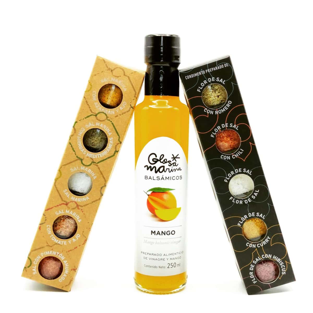 Mallorca Feinschmecker Geschenkpaket *ALCUDIA* - GLOSA MARINA Balsamico Essig Mango + Gourmet Meersalz 5er Sets No.2 Black Edition und No.3