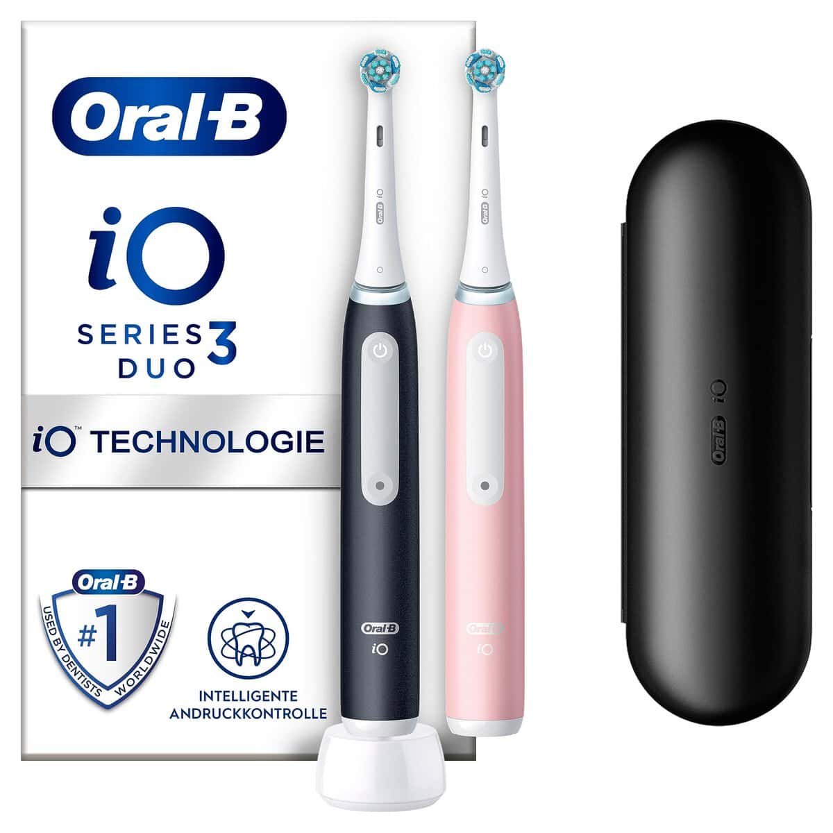 Oral-B iO Series 3 Elektrische Zahnbürste/Electric Toothbrush, Doppelpack, 2 Aufsteckbürsten, 3 Putzmodi für Zahnpflege, Magnet-Technologie, Reiseetui, Designed by Braun, matt black/blush pink